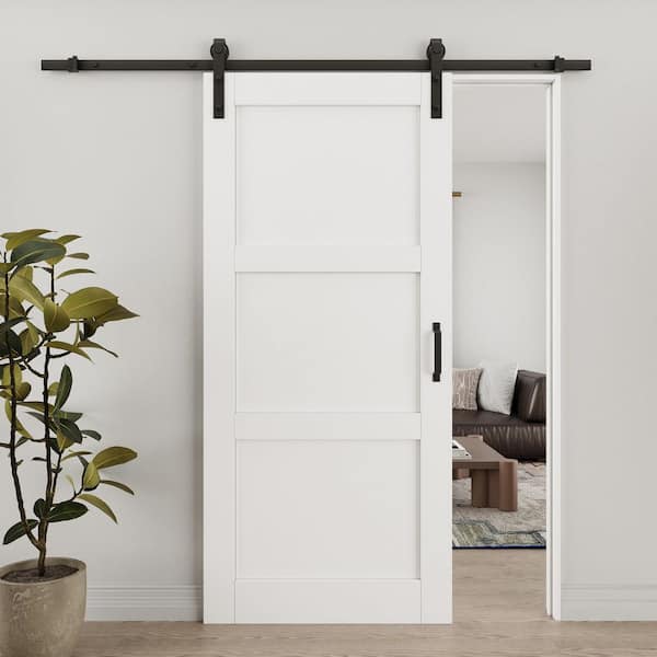 ARK DESIGN 36 in. x 80 in. Paneled 3 Lite White Primed MDF Sliding Barn Door with Hardware Kit