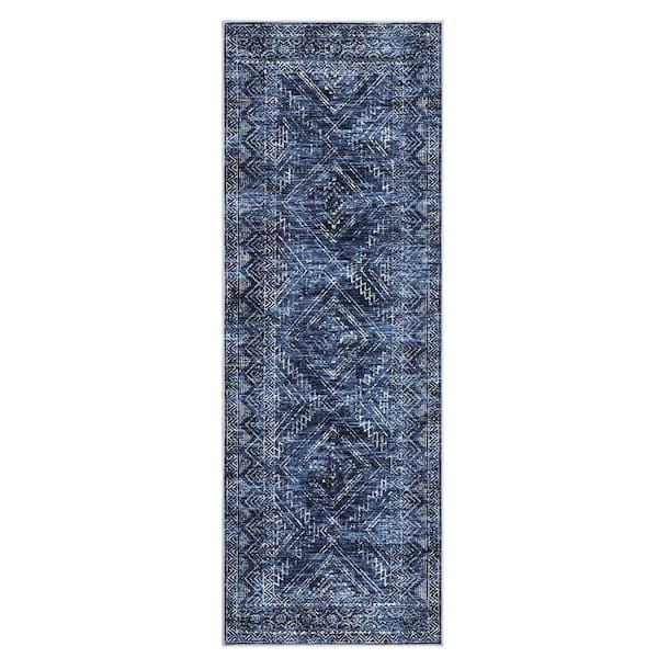 Blue 2 ft. x 8 ft. Washable Vintage Distressed Bohemian Style Polyester Area Rug