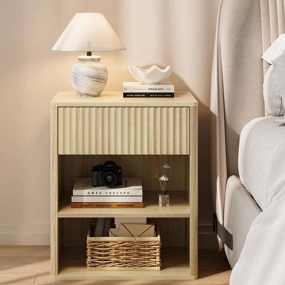 Merra Natural Oak 1-Drawer 13.8 in. W Modern Nightstand with