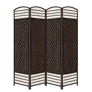 Espresso Brown Paper Straw Weave 4-Panel Screen On Legs Handcrafted Room Divider