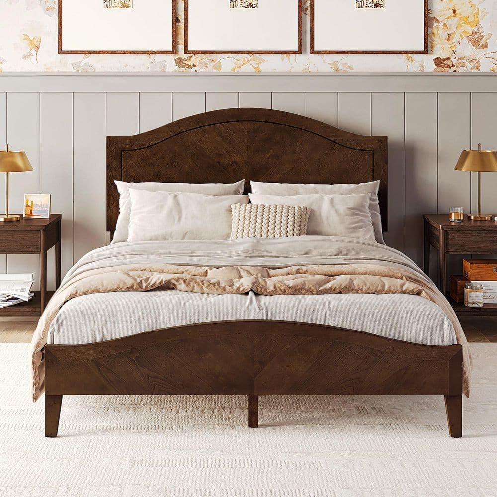 Adrian Classic Walnut Brown Solid Wood Bed Frame Queen Size Platform Bed with Elegant Curved Headboard and Footboard