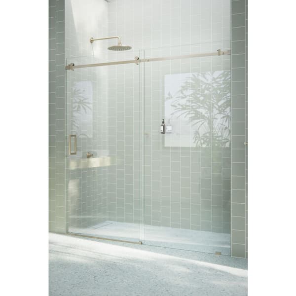 Astro 68 in. W x 78 in. H Sliding Frameless Shower Door with Square Hardware in Brushed Bronze with Clear Glass