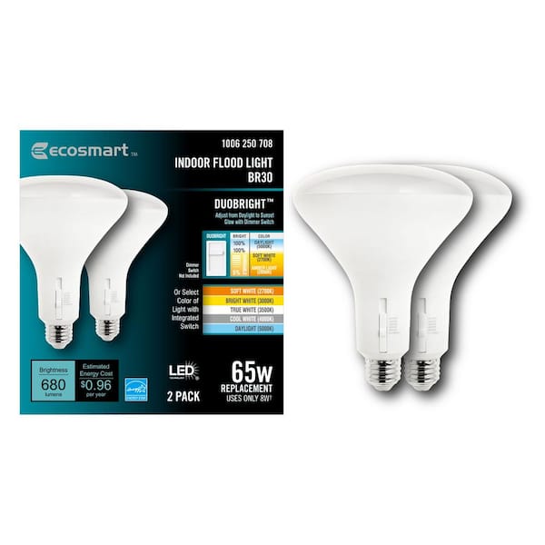 EcoSmart 65-Watt Equivalent BR30 CEC Dimmable LED Light Bulb with Selectable Color Temperature Plus DuoBright (2-Pack)
