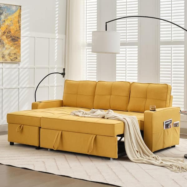 JEAREY 82.3 in. Gold Multi-functional Fabric Queen Size Sofa Bed with Cup Holder USB Port and Side Pockets