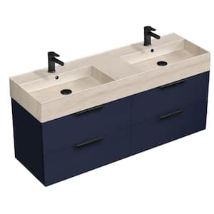 Derin 55.51 in. W x 18.11 in. D x 25.2 in. H Modern Bathroom Vanity in Night Blue with Beige Travertine Ceramic Top