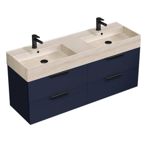 Nameeks Derin 55.51 in. W x 18.11 in. D x 25.2 in. H Modern Bathroom Vanity in Night Blue with Beige Travertine Ceramic Top
