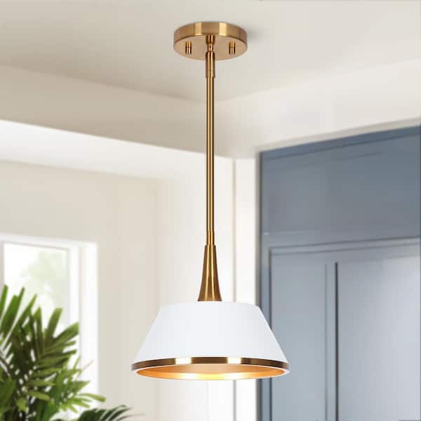 Modern 9 in. 1-Light Brass Gold and White Pendant Light with Bell Shade White Pendant for Kitchen Island and Dining Room