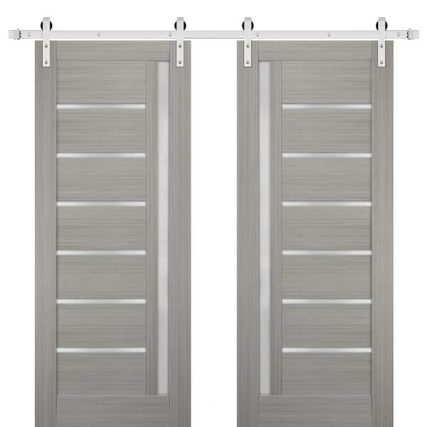 Sartodoors 30 in. x 96 in. 2 Panel Frosted Glass Gray Ash Solid MDF Sliding Barn Door with Hardware Kit