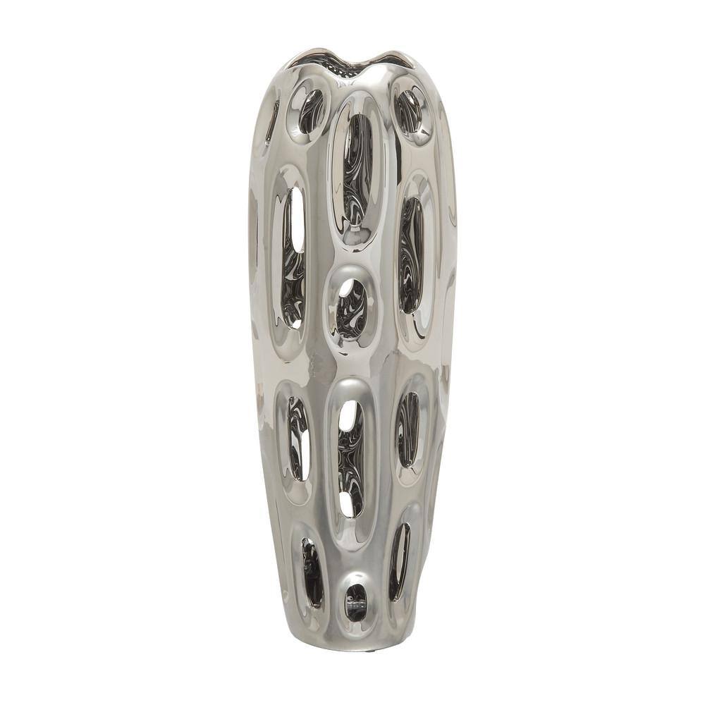 Elegant Silver Ceramic Cylinder Vase for Modern Decor, 21"