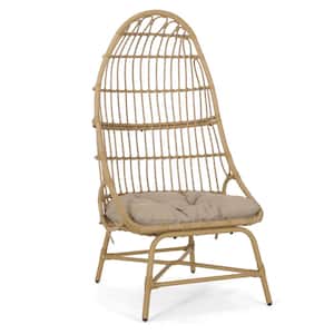 Shelton Light Brown Basket Wicker Outdoor Lounge Chair with Beige Cushion