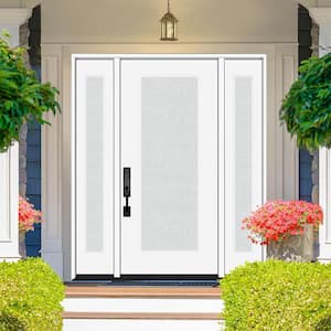 Legacy 68 in. x 80 in. Full Lite Rain Glass LHOS Primed White Finish Fiberglass Prehung Front Door with Dbl 14 in. SL