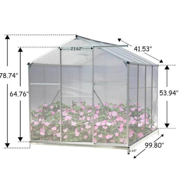 Tunearary 99.8 in. W x 74.8 in. L x 78.7 in. H Polycarbonate Walk-in Design Twin Wall Panel with UV Protection Greenhouse, Silver