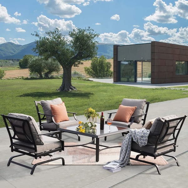 Metal Outdoor Rocking Chair with Olefin Grey Cushions for Porch Backyard-2 Pack