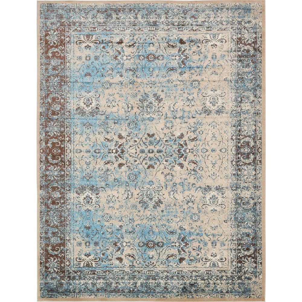 Ivory and Turquoise Floral Synthetic Rectangular Area Rug