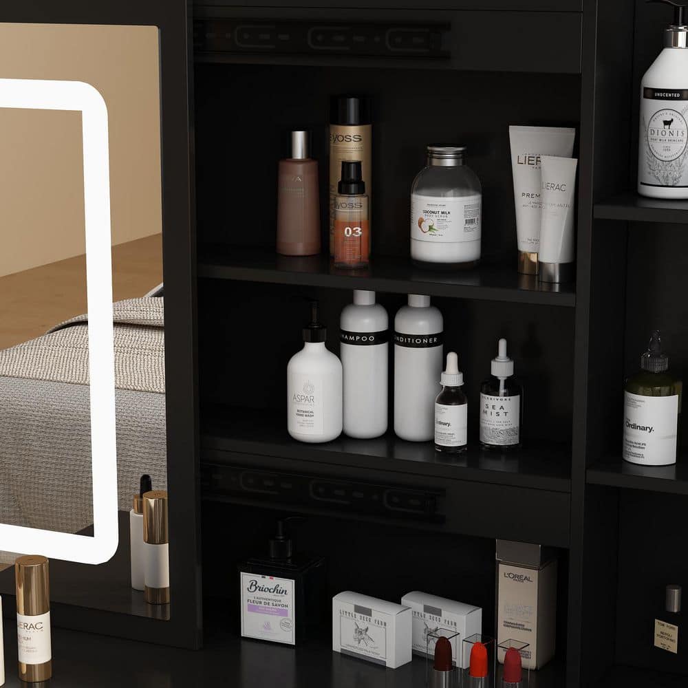 5-Drawers Black Wood LED Push-Pull Mirror Dresser with Stool and 3-Tier Storage Shelves 39.4 in. W - thumbnail 9