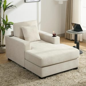 Cream 39.7 in. Chenille Oversized Squre Arm Chaise Lounge with Pillow, Charge Station and Cup Holders