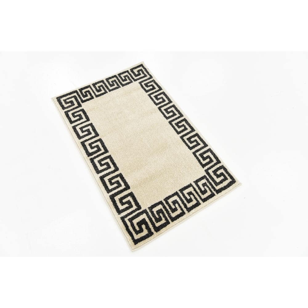 Athens Beige and Black Geometric Border Rectangular Rug