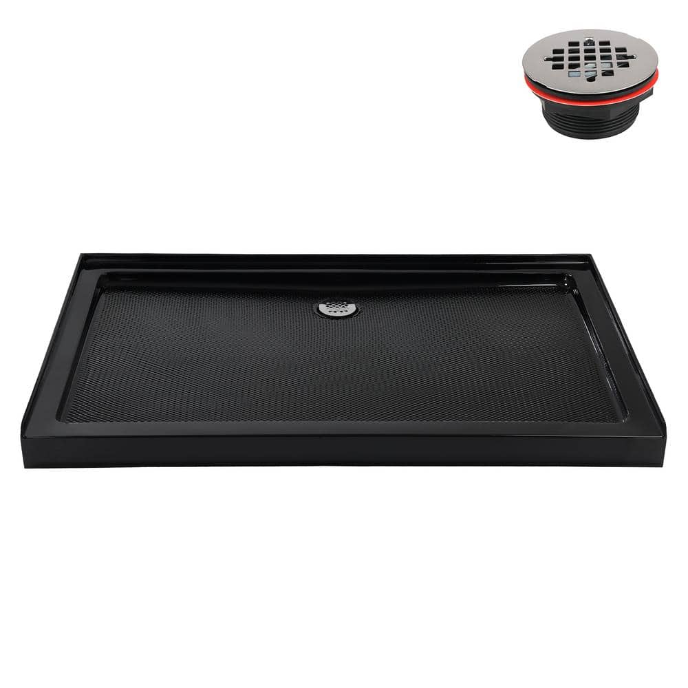 Glossy Black Rectangular Acrylic Shower Base with Center Drain