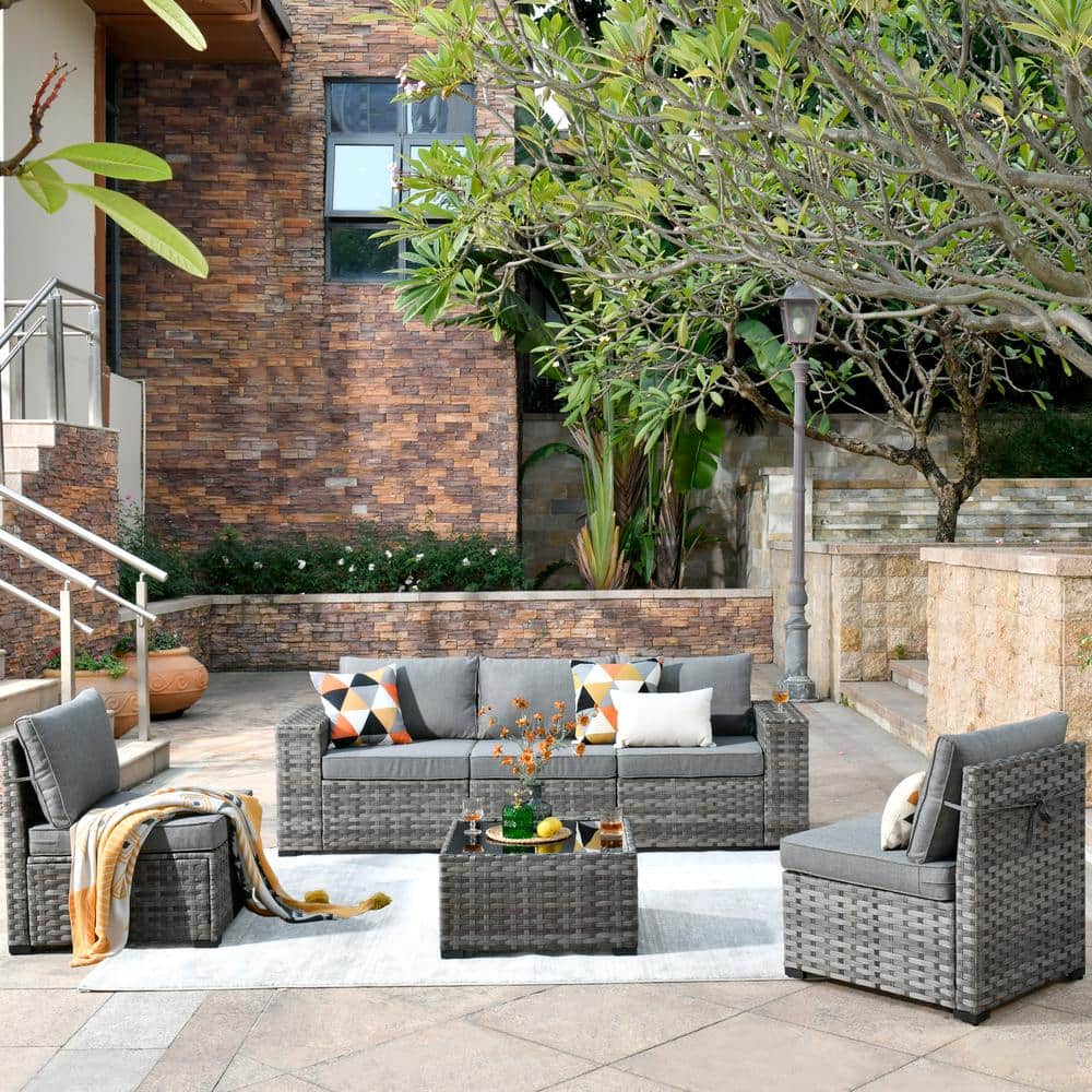 Crater Gray 6-Piece Wicker Wide-Plus Arm Outdoor Patio Conversation Sofa Set with Dark Grey Cushions price history on PriceWatchPro