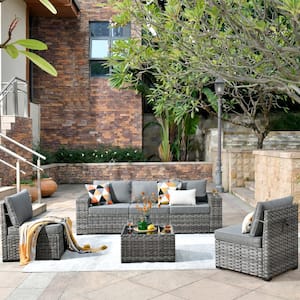 Crater Gray 6-Piece Wicker Wide-Plus Arm Outdoor Patio Conversation Sofa Set with Dark Grey Cushions