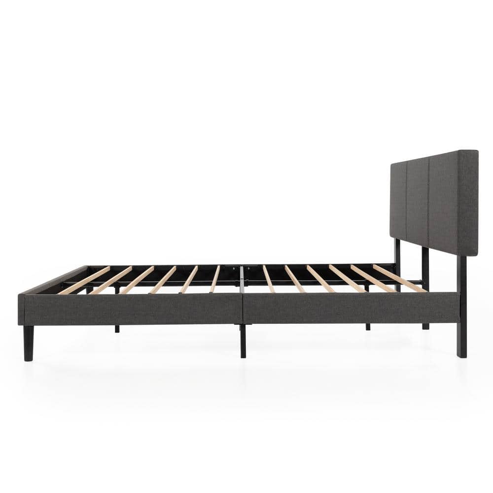 Elegant Gray Queen Upholstered Platform Bed with Bamboo Slats