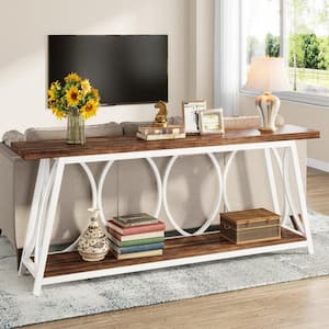 Terrella 71 in. Brown Rectangle Particle Board Console Table with 2 Tier Storage Shelf Narrow Table for Living Room