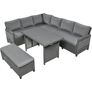 5-Piece Gray Wicker Patio Conversation Set with Gray Cushion