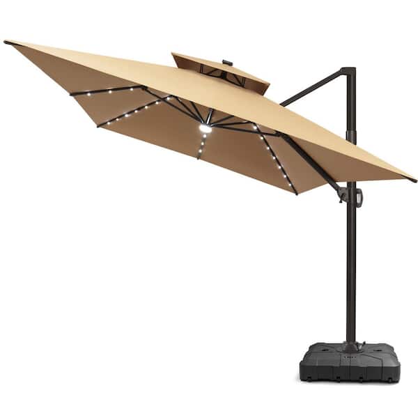 10 ft. x 13 ft. Heavy Duty Cantilever Tiltable 360° Rotation Solar LED Lighted Patio Umbrella in Tan and Umbrella Base