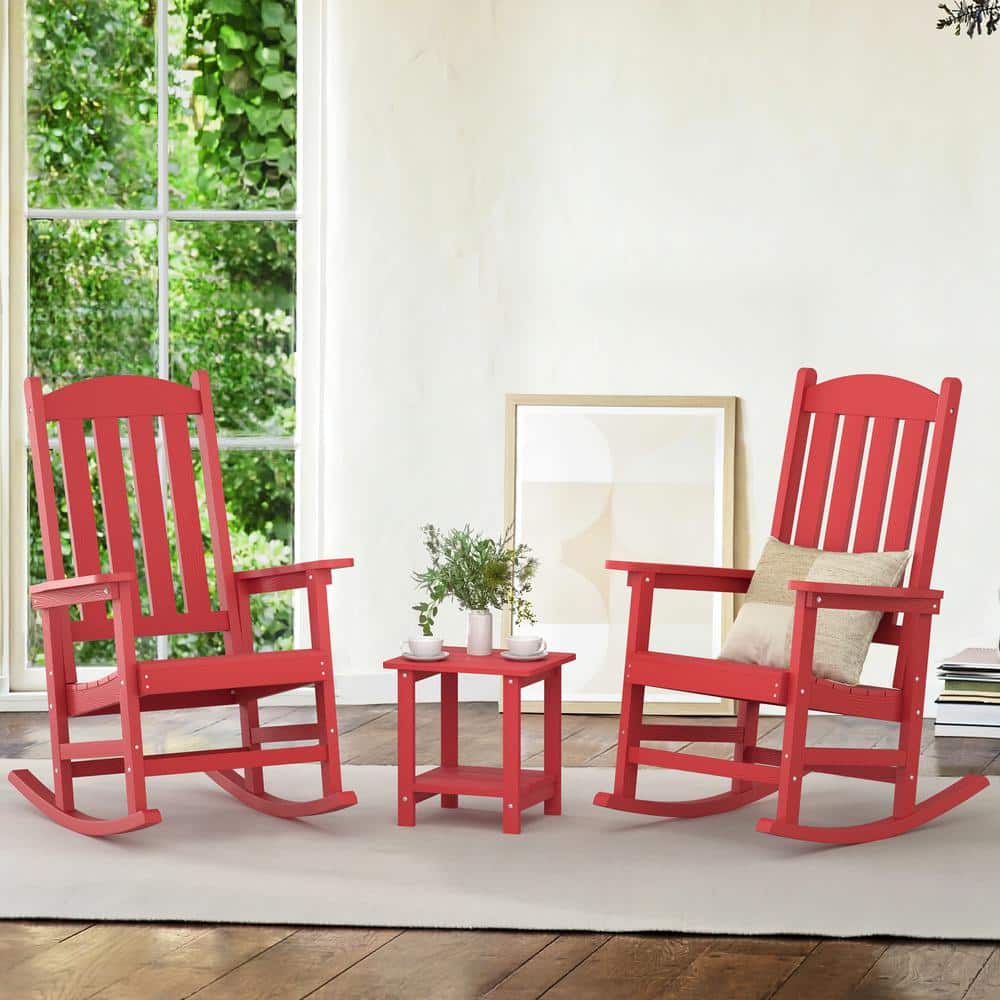 Bright Red HDPE Plastic Adirondack Outdoor Rocking Chairs, Set of 2