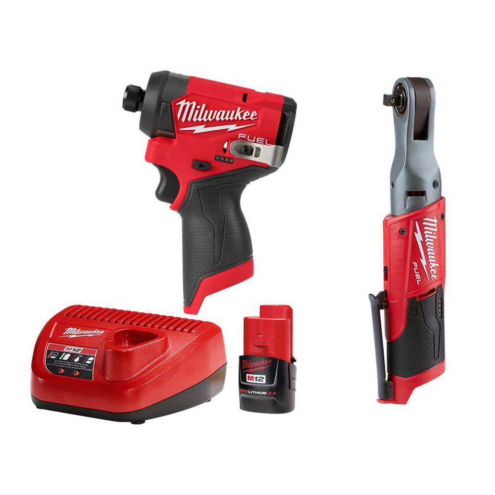 Milwaukee M12 FUEL 12-Volt Lithium-Ion Brushless Cordless 1/4 in. Impact and 3/8 in. Ratchet Combo w/One 2.0Ah Battery & Charger -  3453-20-2520