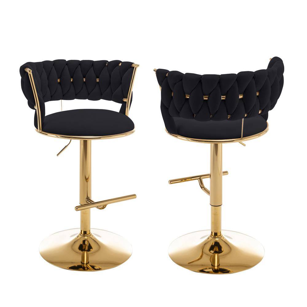 Black Velvet Adjustable Swivel Bar Stools with Gold Frame, Set of 2