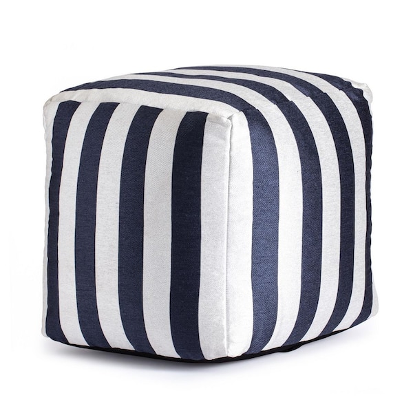 Cape May Blue 18 in. x 18 in. x 18 in. Navy and Ivory Pouf