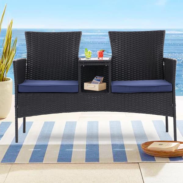 Zeus & Ruta Black Wicker Patio Outdoor Loveseat Set with Blue Cushions and 1 Built-in Coffee Table