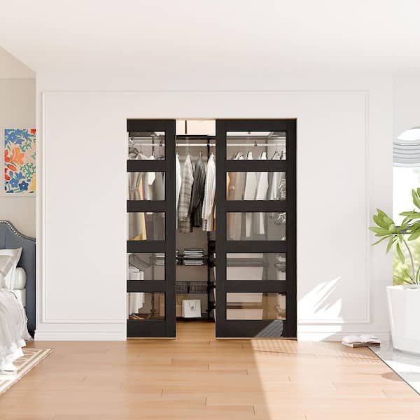 (32X2) 64 in. x 80 in. 5-Lite Clear Glass Black PVC Covering MDF. Wood Pocket Door with Soft-close and Frame Kit Set