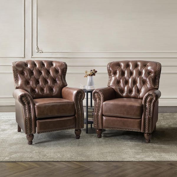 Isabel Brown Genuine Leather Recliner with Tufted Back and Rolled Arms Set of 2