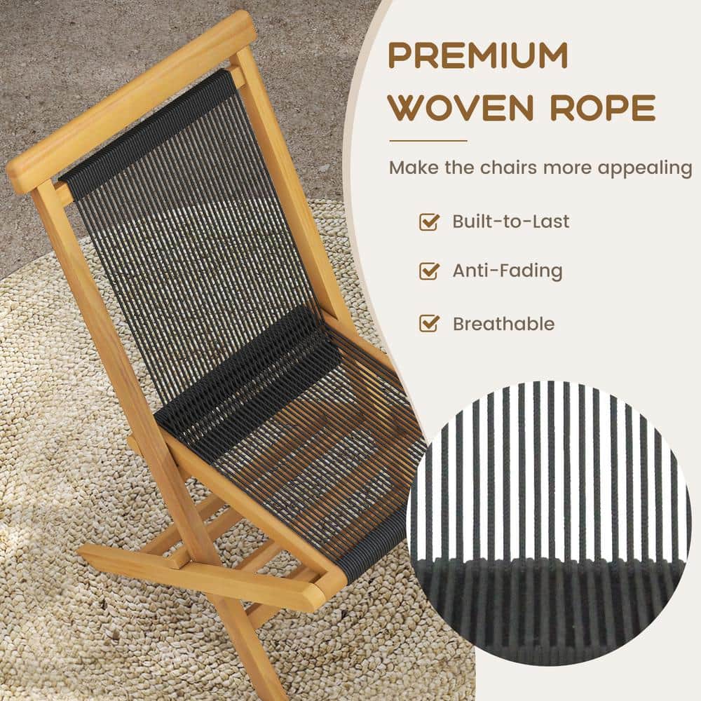 Natural Teak and Black Woven Rope Folding Patio Chairs, Set of 2