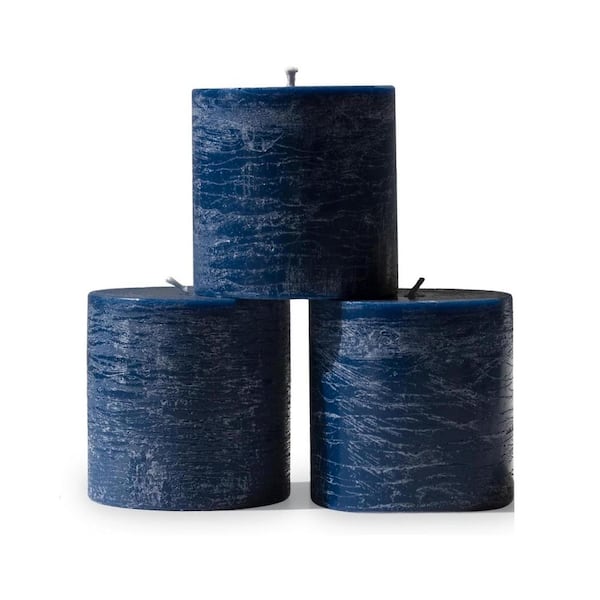Blue Unscented Paraffin Wax Single Wick Dripless Pillar Candle 3-Pack