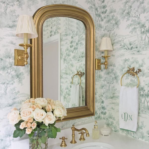 23.6 in. W x 33.5 in. H Ornate Baroque Brass Classic Finely Carved Wooden Frame Arched Wall Mirror