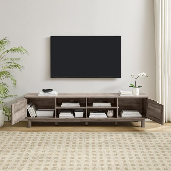 70 in. Grey Wash Wood Modern Farmhouse TV Stand with 2 Barndoors Fits TVs up to 80 in.