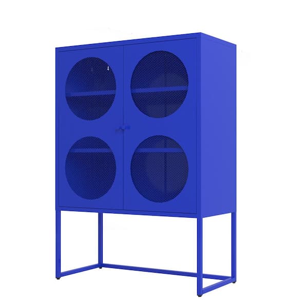 Unbranded Steel Accent Blue Storage Cabinet with 2-Adjustable Shelves 2-Round Grid Door