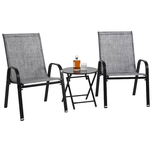 Gray Textilene Folding Patio Chair and Steel Table 3-Piece Set