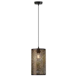Ethel 1-Light Geometric Punched Satin Black Metal with Gold Shaded Accent Pendant