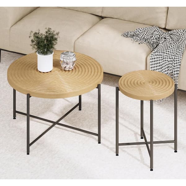 Unbranded 2-Pieces Round Outdoor Coffee Table, MDF End Table Set, Distressed Cylindrical Design, Oak Natural Wood