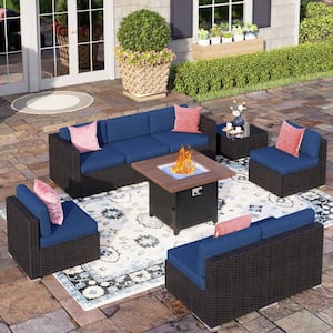 Dark Brown Rattan Wicker 7 Seat 9-Piece Steel Outdoor Sectional Set with Blue Cushions, Square Fire Pit and Coffee Table