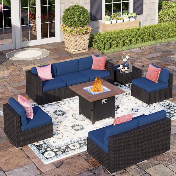 PHI VILLA Dark Brown Rattan Wicker 7 Seat 9-Piece Steel Outdoor Sectional Set with Blue Cushions, Square Fire Pit and Coffee Table