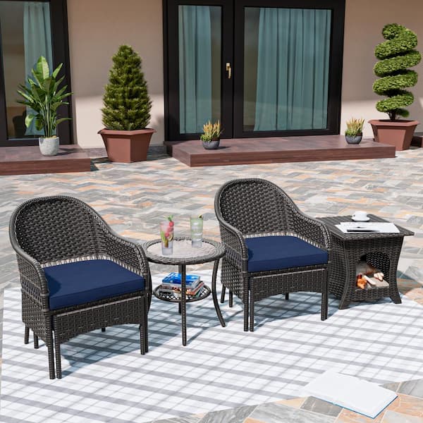 MeetLeisure 6-Piece Outdoor Wicker Patio Conversation Seating Set with Blue Cushions and Pet Side Table