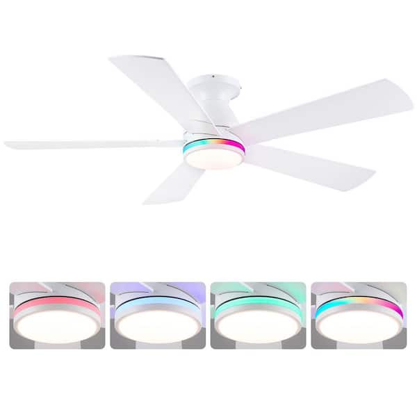 52 in. Indoor/Outdoor Modern Flush Mount White Ceiling Fan with RGB Color LED Light and Remote/APP Control