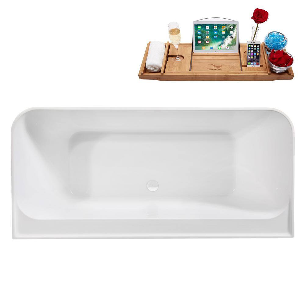 55" Glossy White Acrylic Freestanding Soaking Bathtub with Bamboo Tray