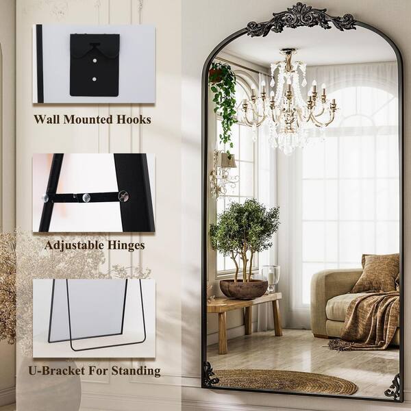 76 in. H x 34 in. W Black Arched Frameless Wall Mirror, Vintage