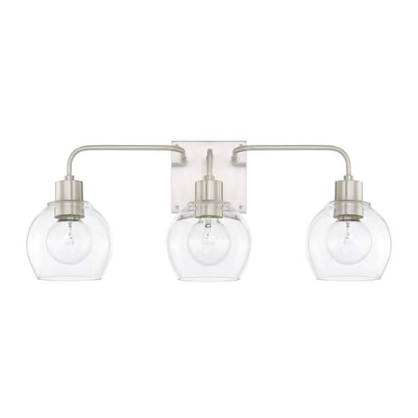 HOMEPLACE LIGHTING 24.5 in. W x 10 in. H x 7 in. E 3-Light Clear Glass Vanity Light in Brushed Nickel